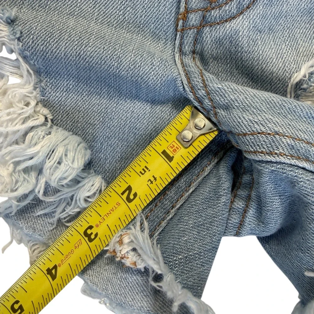 Express Shortie Relaxed Low Rise Denim Shorts Women Sz 0 Distressed Shabby Chic